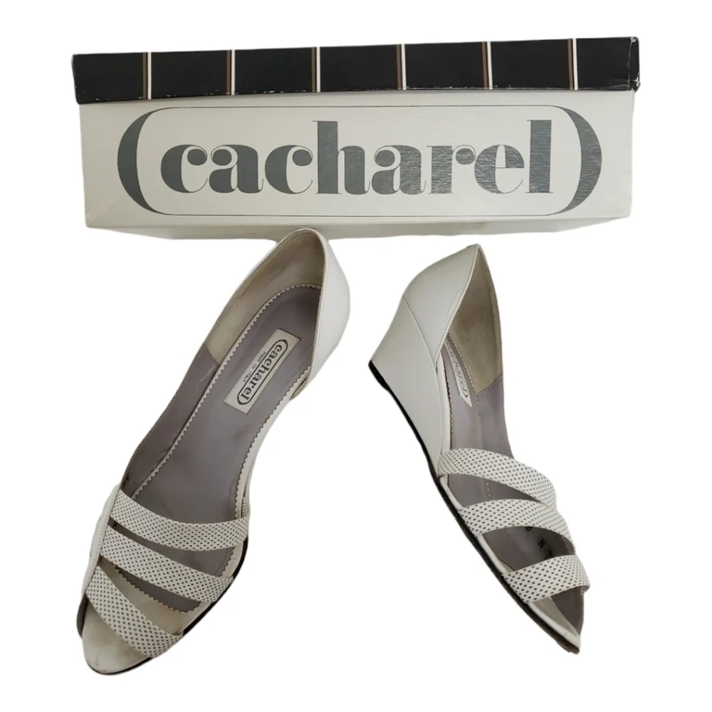 Cacharel Wedge Heel Terry Sandals White Leather 8 N Vintage